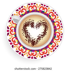 Vector illustration with a Cup of coffee and hand drawn ornament on a saucer and background