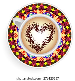 Vector illustration with a Cup of coffee and hand drawn ornament on a saucer and background