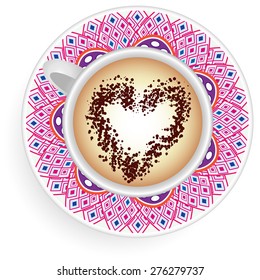 Vector illustration with a Cup of coffee and hand drawn ornament on a saucer and background