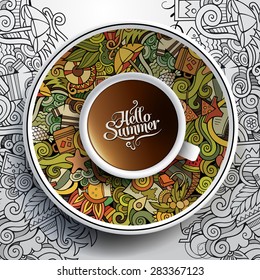 Vector illustration with a Cup of coffee and hand drawn watercolor summer doodles on a saucer and background