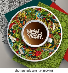 Vector illustration with a Cup of coffee and hand drawn New Year doodles on a saucer and background