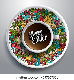 Vector illustration with a Cup of coffee with hand drawn Easter doodles on a saucer 