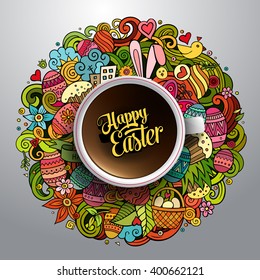 Vector illustration with a Cup of coffee with hand drawn Easter doodles on background