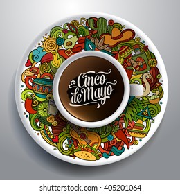 Vector illustration with a Cup of coffee with hand drawn Latin American doodles on a saucer