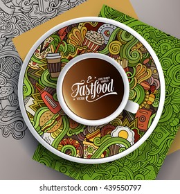 Vector illustration with a Cup of coffee and hand drawn picnic doodles on a saucer, paper and background