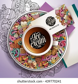 Vector illustration with a Cup of coffee and hand drawn ice cream doodles on a saucer, on paper and on the background