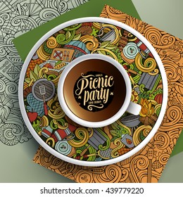 Vector illustration with a Cup of coffee and hand drawn picnic doodles on a saucer, paper and background