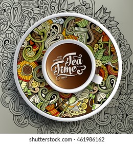 Vector illustration with a Cup of coffee and hand drawn Cafe doodles on a saucer, on paper and on the background