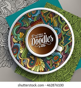 Vector illustration with a Cup of coffee and hand drawn Abstract doodles on a saucer, on paper and on the background