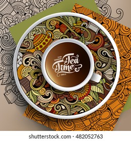 Vector illustration with a Cup of coffee and hand drawn Tea time doodles on a saucer, on paper and on the background