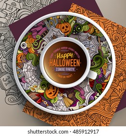 Vector illustration with a Cup of coffee and hand drawn Halloween doodles on a saucer, on paper and on the background