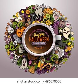 Vector illustration with a Cup of coffee with hand drawn Halloween doodles on a saucer, on paper and on the background