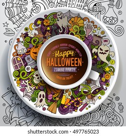 Vector illustration with a Cup of coffee with hand drawn Halloween doodles on a saucer, on paper and on the background
