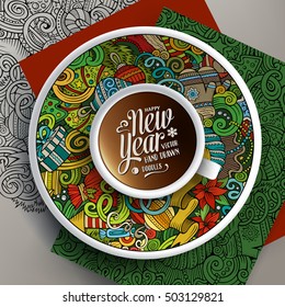 Vector illustration with a Cup of coffee and hand drawn New Year doodles on a saucer, on paper and on the background