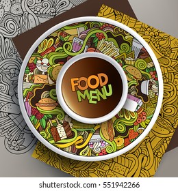 Vector illustration with a Cup of coffee and hand drawn fastfood doodles on a saucer, paper and background
