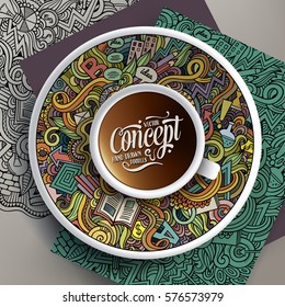 Vector illustration with a cup of coffee and hand drawn Idea doodles on a saucer, on paper and on the background