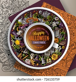 Vector illustration with a Cup of coffee and hand drawn Halloween doodles on a saucer, on paper and on the background