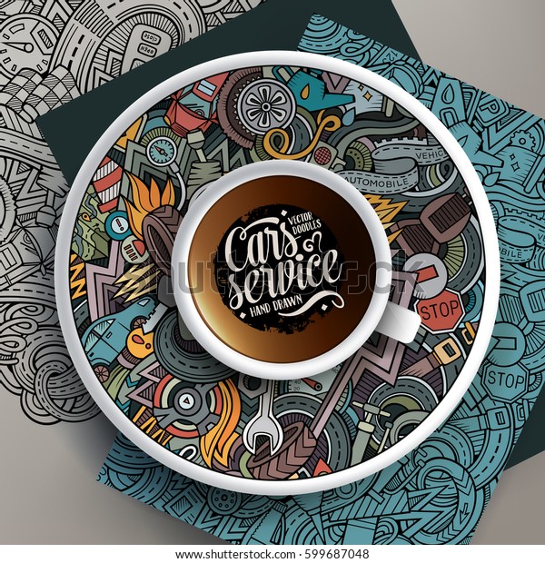 Vector\
illustration with a Cup of coffee and hand drawn Automobile doodles\
on a saucer, on paper and on the\
background