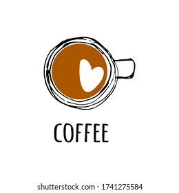 Vector illustration a cup with coffee with heart in sketch style black and brown color isolated on white background