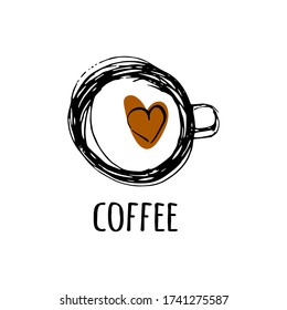 Vector illustration a cup with coffee with heart in sketch style black and brown color isolated on white background