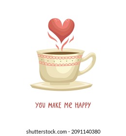 Vector illustration of a cup of coffee with a heart. Illustration for Valentine's Day.