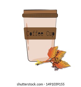 Vector illustration cup of coffee isolated on background with maple leaves, berries and branches. Colorful design for textile, wallpaper, fabric, decor, t shirt.
