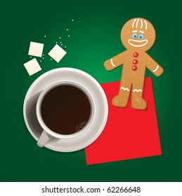 Vector illustration of cup of coffee and mister cookie.