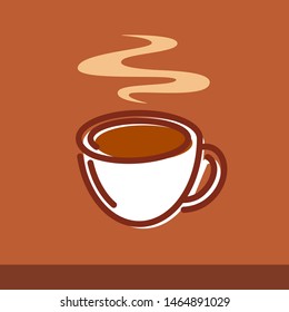 Vector illustration of a cup of coffee on brown background. Emblem for Logotype or decoration of cafe and restaurants menu and other graphic elements.