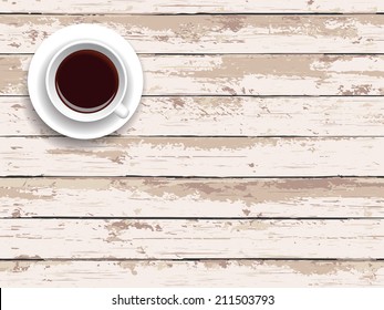 Vector Illustration. Cup of coffee on a wooden table. Top view. Wooden background with space for inspiration