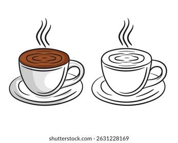 Ilustração vetorial de uma xícara de café em um prato, Clipart de desenhos animados e design de arte de linha, marrom, fresco, quebra, vintage