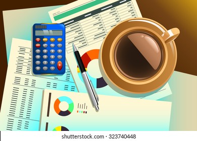 A vector illustration of cup of coffee on top of the  paper full of diagrams