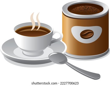 Vector illustration of a cup of coffee with coffee packaging on a white background.