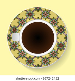 Vector illustration with a cup of coffee and a pattern on the saucer