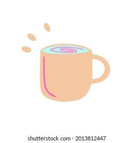 A vector illustration with cup. A coffee cup in pink, brown and light blue colors.
