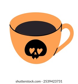 Ilustración vectorial taza de café. Bruja asustada bebiendo un trago. Tiempo de otoño cálido y aterrador. Café caliente con un dibujo de calavera malvada.