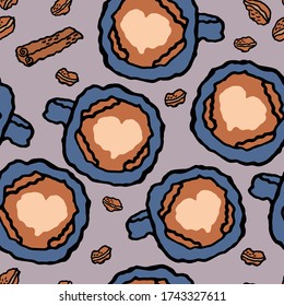 Vector illustration of a cup of coffee. Seamless pattern - cup of coffee, coffee grains and cinnamon. Illustration for menu, advertisement.