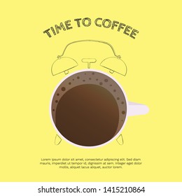  Vector illustration with cup of coffee in the shape of alarm clock and inscription Time to Coffee on yellow background. For poster, cover, package design, card, web and advertising banner.