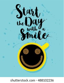 Vector illustration of a cup of coffee with a smile. Smile day poster.