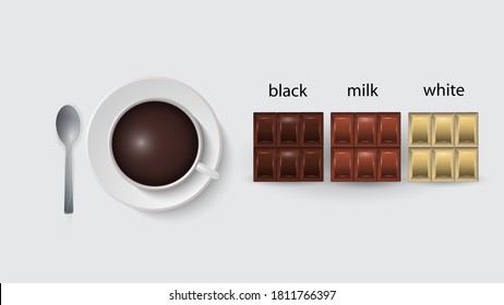 Vector illustration of a cup with coffee, coffee spoon, white, black and milk chocolate. EPS 10.