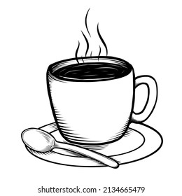 Vector illustration of a cup of coffee with spoon an smoke. Line art,  vintage illustration.