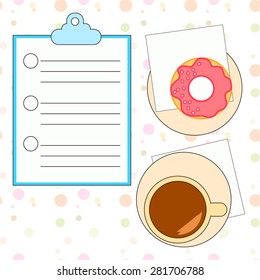 Vector illustration with cup of coffee, sweet donut and checkbox on the table. Top view. 