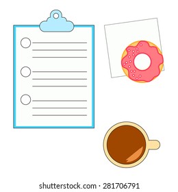 Vector illustration with cup of coffee, sweet donut and checkbox on the table. Top view. 