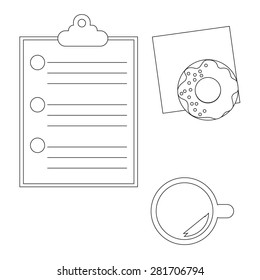 Vector illustration with cup of coffee, sweet donut and checkbox on the table. Top view. 