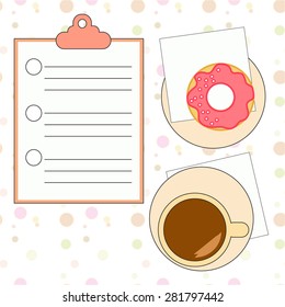 Vector illustration with cup of coffee, sweet donut and checkbox  on the table. Top view. 