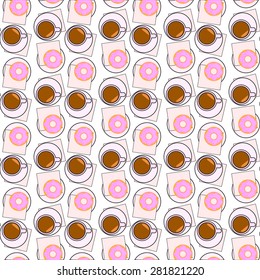 Vector illustration with cup of coffee, sweet donut and checkbox  on the table. Top view. 