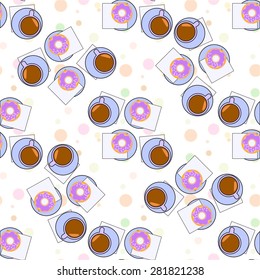 Vector illustration with cup of coffee, sweet donut and checkbox  on the table. Top view. 