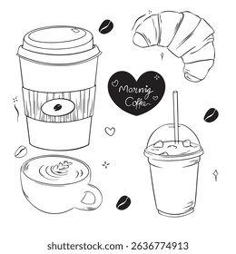 vector illustration of a cup of coffee and sweets croissant
