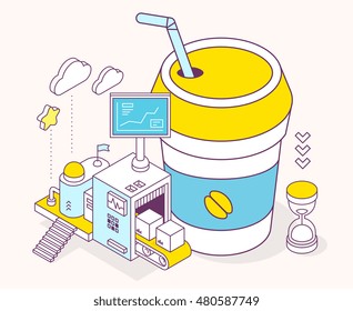 Vector illustration of cup coffee takeaway, hourglass and three dimensional mechanism with conveyor and monitor on light background. Service of making coffee. 3d thin line art style design