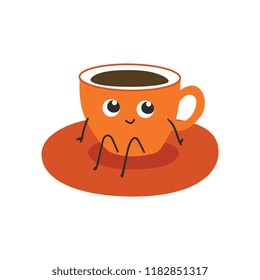 Vector illustration of cup of coffee or tea cartoon character - cute smiling orange mug with drink sitting on saucer isolated on white background. Funny emoticon of beverage in flat style.