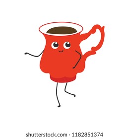 Vector illustration of cup of coffee or tea smiling cartoon character - red elegant mug with brown drink in flat style. Cute dishes with hot beverage isolated on white background.